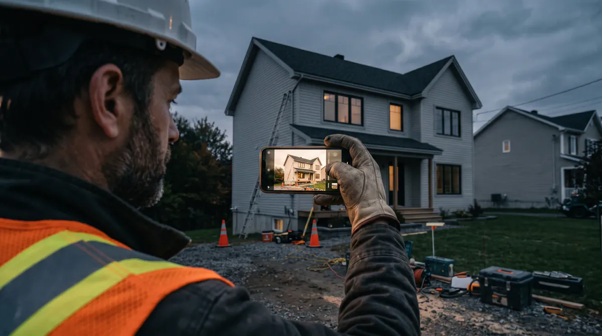 A contractor in a hard hat and high-visibility vest photographs a newly built two-storey house with his phone at dusk, tools and safety cones on the gravel lot.